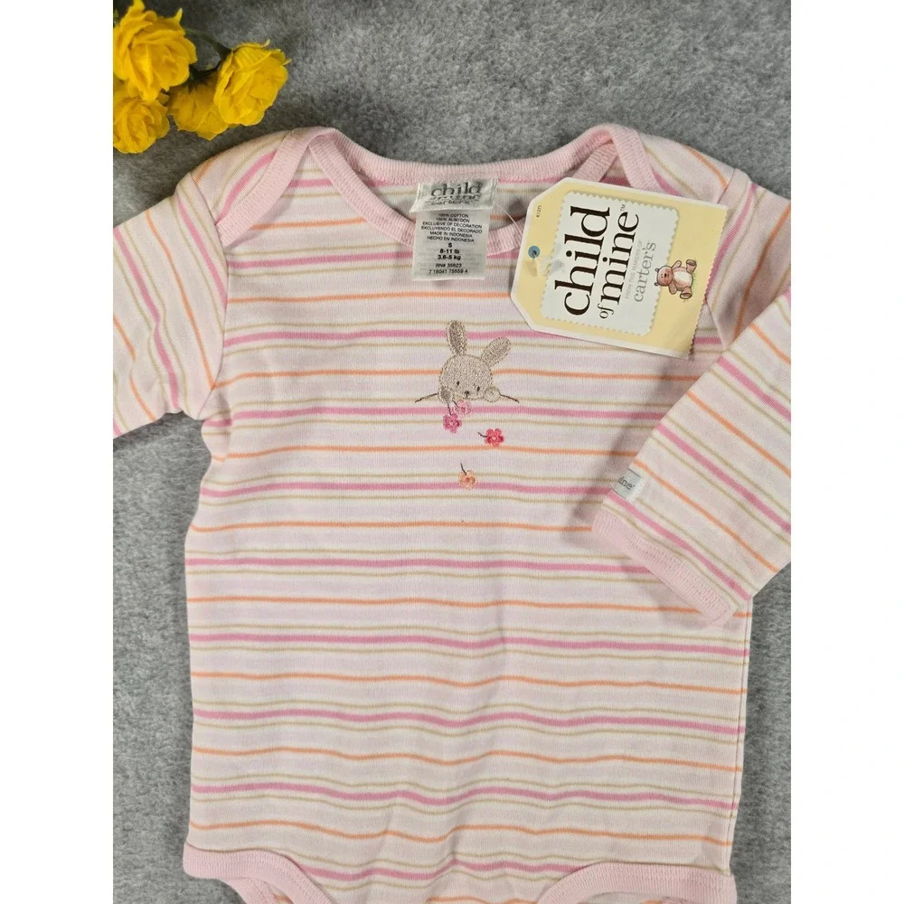 Y2K Carters Bodysuit Baby 0-3m Pink Striped Bunny Floral Long Sleeve NWT